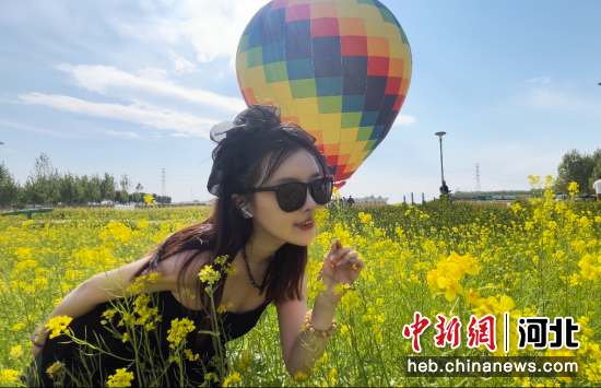 图为北京游客李元香在固安来康郡油菜花海留影。 供图 图为北京游客李元香在固安来康郡油菜花海留影。 供图